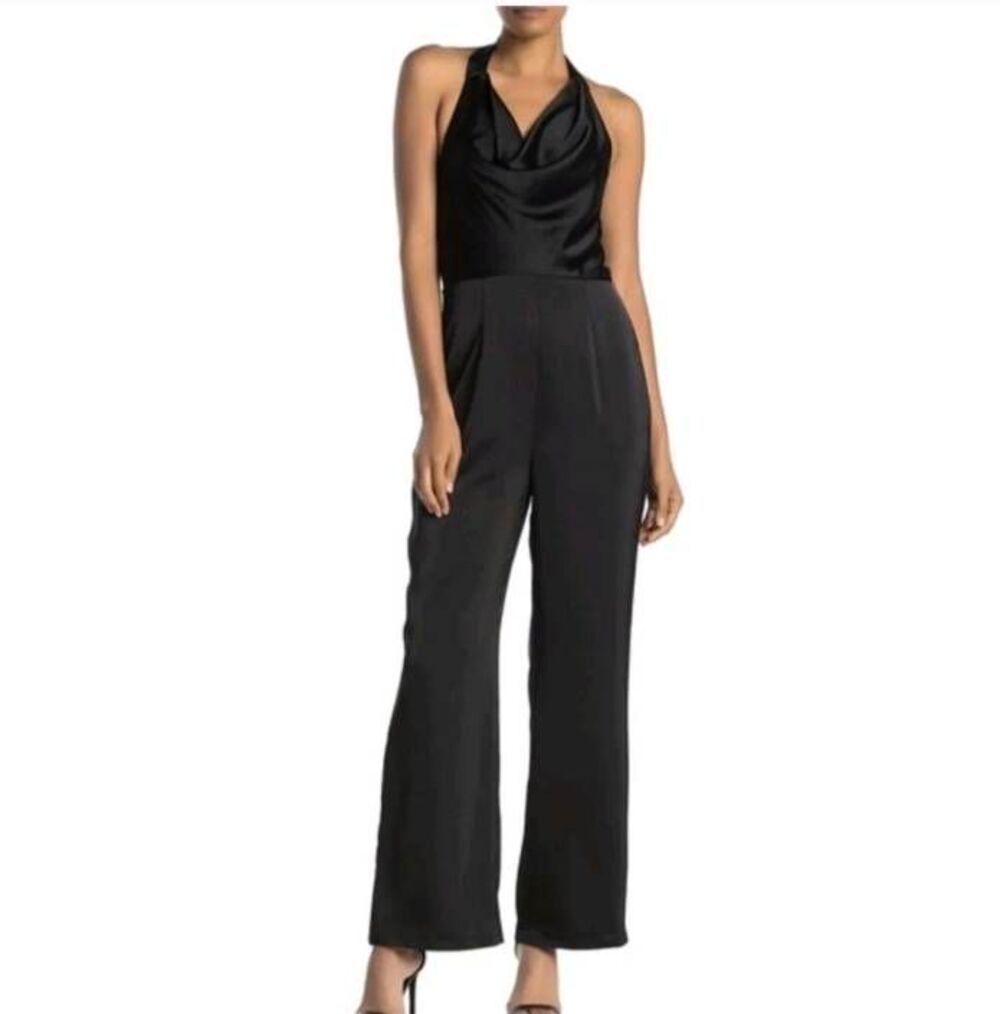 NWT 19 Cooper Black Satin Cowl Neck Halter Jumpsuit Wide Leg Size S